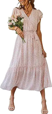 PRETTYGARDEN Women's 2024 Floral Boho Dress Wrap V Neck Short Sleeve Belted Ruffle Hem A-Line Flowy Maxi Dresses